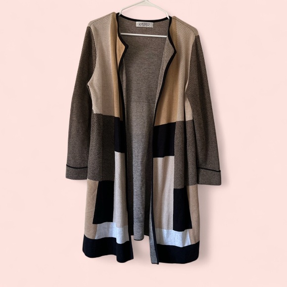 Kasper Sweaters - Women’s Large Kasper Plaid Color Block Open Front Long Knit Cardigan